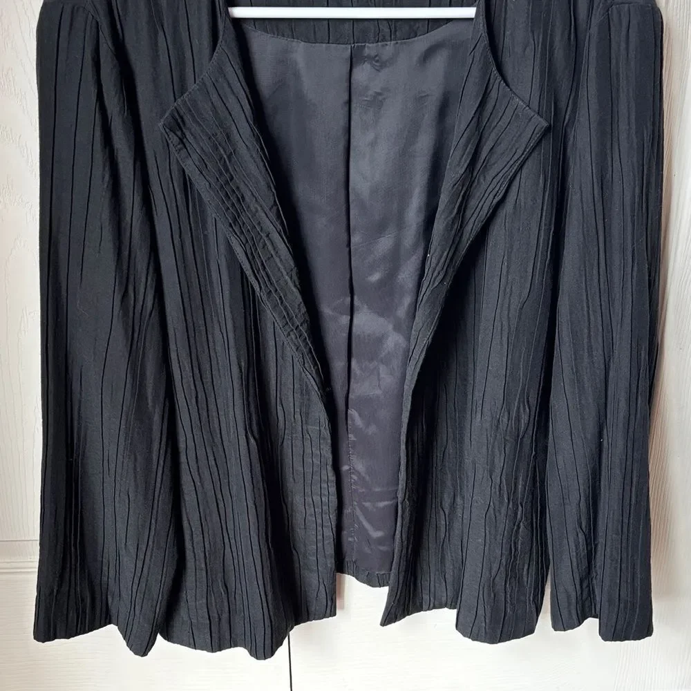 Eileen Fisher crinkle silk textured open Black blazer suit jacket Women MED EUC